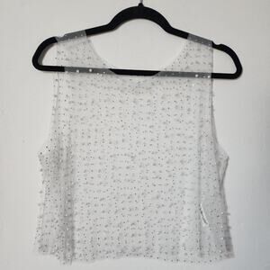 Sheer Pearl Rhinestone Tank Crop Top White